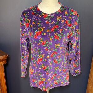 Vintage GAP Purple Floral Long Sleeve Velvet Top Size XL